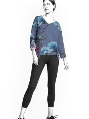 PDF symønster til download – sweatshirt med V-hals og rundet længere bagstykke.