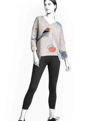 Sweatshirt med V-hals og længere bagstykke, syet efter PDF symønster til download.