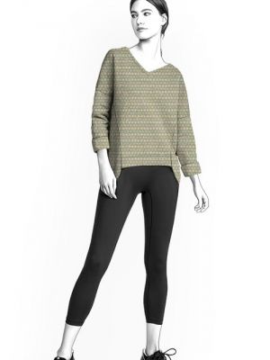 Elektronisk mønster til syning af sweatshirt med V-udskæring og forlænget bagdel.
