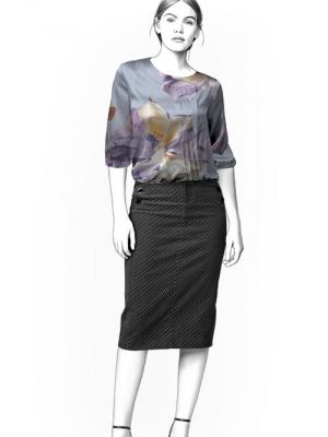 Digitalt symønster for bluse med asymmetriske læg, perfekt til DIY syprojekter.