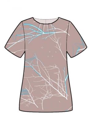 Elektronisk mønster til syning af en elegant bluse med læg ved halsen.