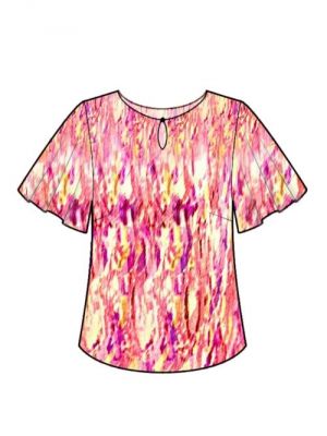 Symønster for moderne DIY bluse med klokkeærmer og knaplukning.