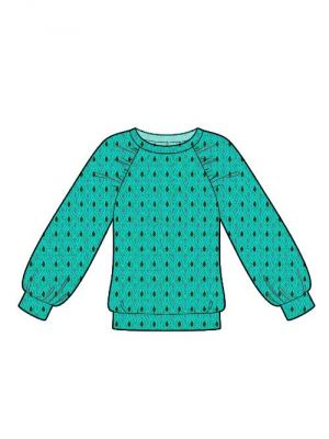 Symønster for moderne DIY sweatshirt med draperede ærmer.