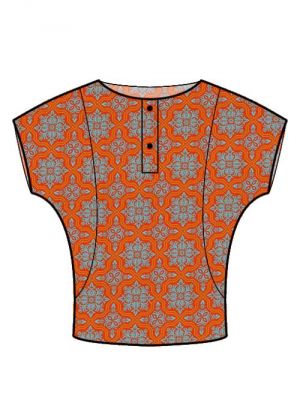 Symønster for trendy bluse med flagermusærmer og dekorative sømme.