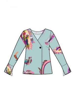 Symønster for dobbeltradet bluse med asymmetrisk lukning.