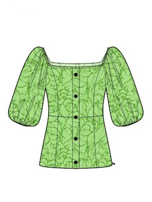 Digitalt mønster for bluse med knaplukning og elegante ærmer.