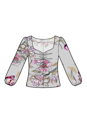 DIY symønster for bluse med rynker og hjerteformet udskæring.