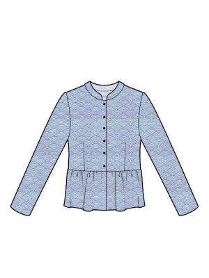 Elektronisk mønster til syning af jakke med rynket peplum, perfekt for avancerede hobby-syersker.