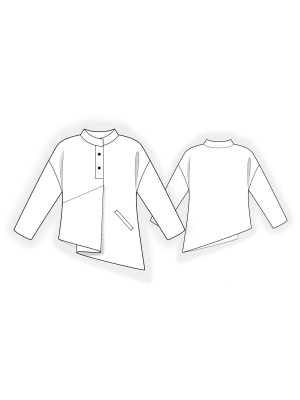 2839 Asymmetrisk bluse med pololukning og læg foran. Symønster teknisk tegning