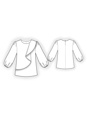 2910 Bluse med asymmetrisk flæse. Symønster teknisk tegning