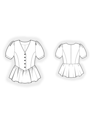 2936 Bluse med peplum og pufærmer. Symønster teknisk tegning